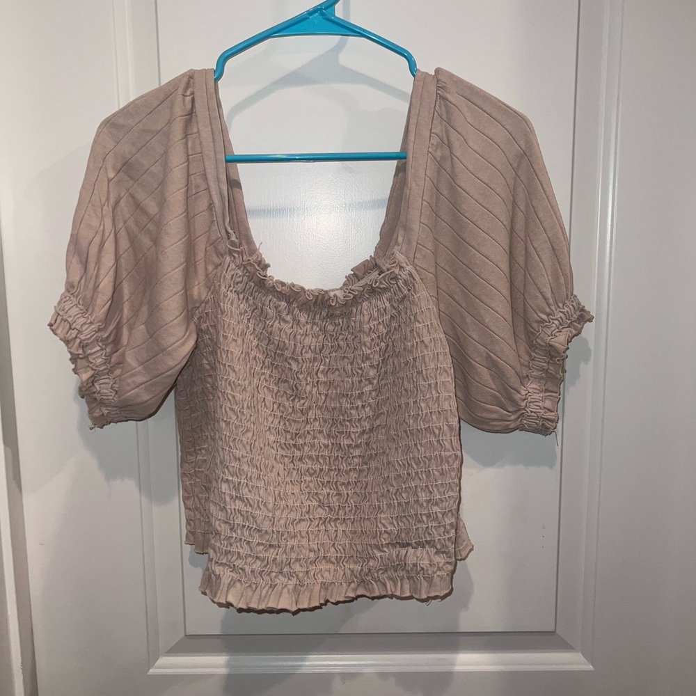 Free people brown rouched puff sleeve croptop